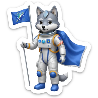 a wolf in space suit, holding blue rectangle flag, full body, front view sticker