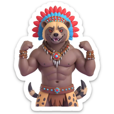 A native strong buff hyena with war bonnet flexing posing  sticker