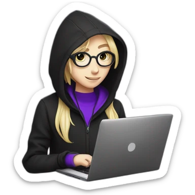 Girl blond artist with round glasses left side behind his laptop with this style: Alan Walker Singer purple character purple black hooded hacker themed character sticker