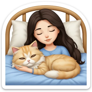 pretty girl with dark long hair sleeping with blonde fluffy  persian cat in bed sticker
