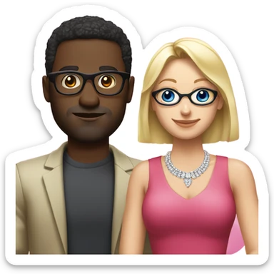 White blonde woman with no glasses in a pink dress and diamond necklace standing next to emoji black man with glasses wearing red shirt glasses standing next to white eoman sticker