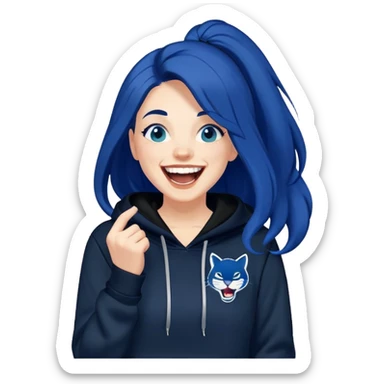 White 30 year old woman with long dark blue hair laughing hysterically wearing a black hoodie with a PUMA  sticker