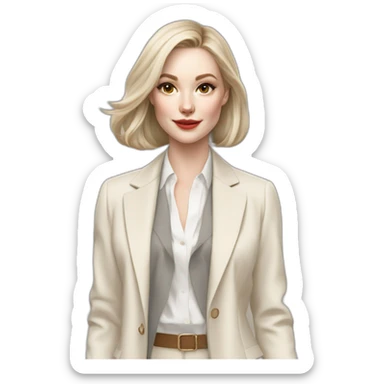 pale skin woman with ash blonde Straightened bob Hair, White Spacious classical jacket, beige palazzo Arrow pants and gray blouse holding RAL colour palette in the hands sticker