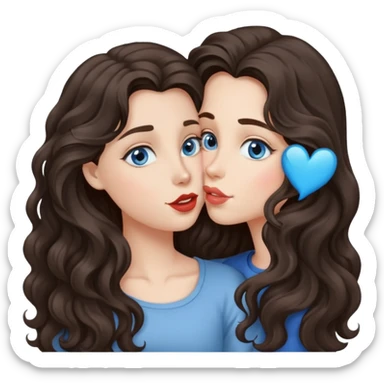 A girl with long, dark brown, wavy hair, grey-blue eyes, Sends a kiss sticker