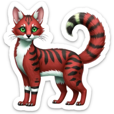 Colorful dark tropical sanguine-red, black, white fur, with green eyes, iridescent glorious divine exotic cute cool beautiful shiny beautiful fantasy-caracal-civet-genet-sergal-vernid-Cacomistle-oncilla-animal-Fakémon-hybrid-fursona with pattern markings (full body) sticker