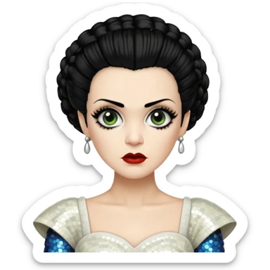 Bride of Frankenstein with black hair, ivory sequin outfit sticker