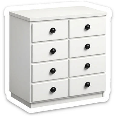 IKEA-inspired really depth white 6-drawer chest, one tiny black knob per drawer, stacked sticker
