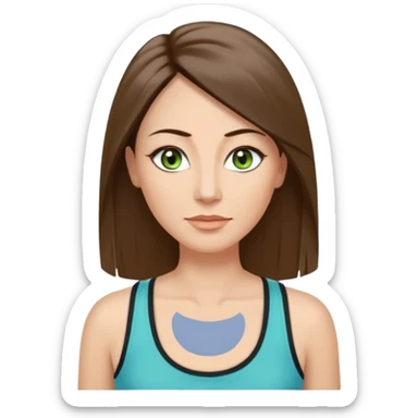 43 year old Adult woman avatar, light skin tone, long, oval face, long straight ashy brown hair, green almond-shaped eyes with dramatic eyelashes and minimal eyeliner, neutral mouth, medium straight eyebrows, small nose, smooth skin, sky blue tank top sticker