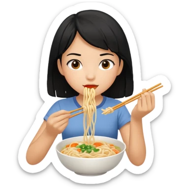 girl with black hair in short sleeves eating noodles sticker