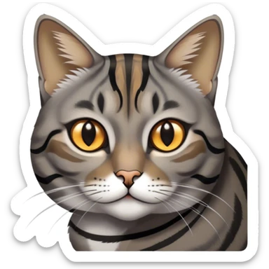 Cinematic Noble Grey and Black Brown Tabby Cat Portrait Emoji, Poised and regal, with sleek grey-brown fur featuring bold black tabby stripes and a distinct M-shaped marking on the forehead, bright amber eyes, Simplified yet sharp and sophisticated features, highly detailed, glowing with a soft, dignified glow, high shine, intelligent and graceful, stylized with an air of elegance, focused and attentive, soft glowing outline, capturing the essence of a watchful and refined feline, so majestic it feels as though it could glide across the screen with effortless confidence! sticker