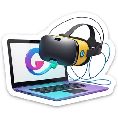 VR headset lying next to a laptop, connected by wires. On the laptop screen a VR/AR modeling program is opened. Floating 3D models or virtual objects. Modern, tech-inspired colors. No emojis or smiley faces. Transparent background. sticker