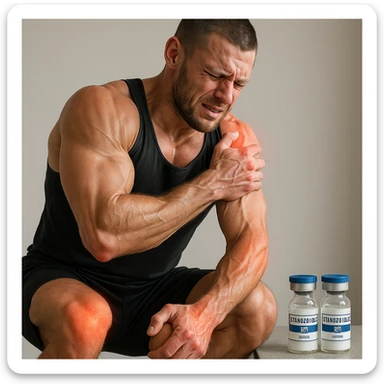 realistic and anatomical crossfit athlete showing multiple joint pain, prominent muscles, expression of discomfort, vials labeled 'Stanozololo' nearby, natural light, neutral background sticker