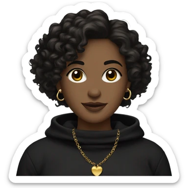 A bitmoji of a female who has black wavy curly  hair and dark brown eyes almost black, she’s wearing a black Cotton sweater with two gold pendants one in the form of a heart sticker