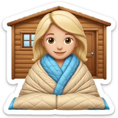 Create an iOS‑style emoji of a girl wrapped in a thick quilted blanket, smiling calmingly with a relaxed, cozy cabin vibe and soft lighting. sticker