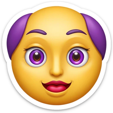 Une tête d'emoji ronde et jaune avec des grands yeux très maquillés avec du fard à paupiere violet et une bouche pulpeuse rouge sticker