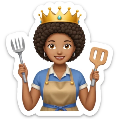 Mujer curvy afro, con vestimenta cómoda y delantal,con una corona sobre su cabeza y sonrisa contagiosa. En la mano herramientas de trabajo pesado sticker