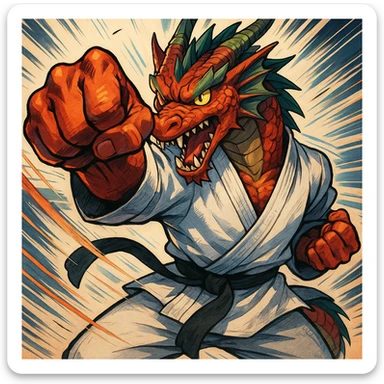 a fierce dragon in a karate gi, mid-punch, energetic, anime-inspired style sticker