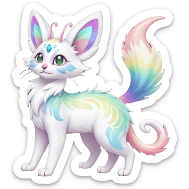 Pure-snow-White albino iridescent with pastel rainbow-gradients-color-markings with swirly patterns butterflies  faerie-Noivern-Noibat-Purloin-Torracat-Lykoi-Caracal-cat-Fakemon-fusion-hybrid-creature sticker