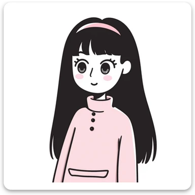 pale girl with straight long black and baby pink swirled hair with bangs, grey eyes, doll-like makeup, wearing a light pink lolita hime gyaru dress, doodle style sticker