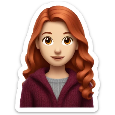 redhead girl with grey eyes with long hair and Dyson styling in a burgundy sweater and a rat on her shoulder sticker