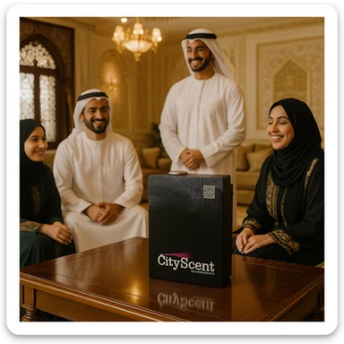 Place this exact CityScent air freshener machine on a table inside a very luxurious house. Show a family wearing traditional Arabic clothing sitting or standing around the table, looking happy and relaxed, enjoying the scent. The style should be realistic and elegant, with a focus on the luxury of the home and the comfort of the family. sticker