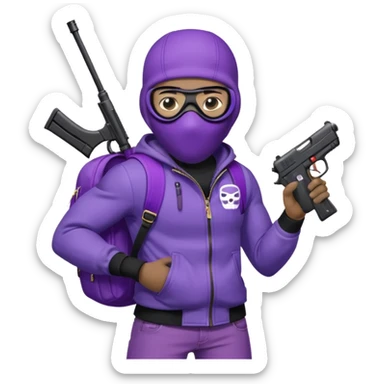 YN wearing a ski mask, holding a gun, purple jeans, Sprayground bookbag, confident stance sticker