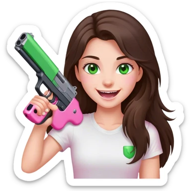 maniacally laughing long haired brunette girl with green eyes in a white tshirt holding pink gun sticker