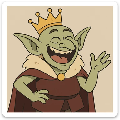 happy goblin king, cartoon style, big smile, playful crown sticker