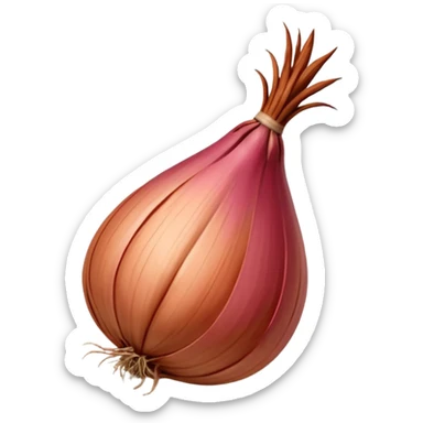 whole shallot, unpeeled, teardrop shape, bulbous base, tapered top, smooth papery skin, rosy copper or reddish-brown, natural striations, glossy, dried stem, dry root strands, 3D clean style, no faces, transparent background sticker
