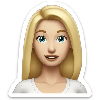 hyperrealistic caucasian long blonde woman white v-neck top gray tight mini skirt walking to camera sticker