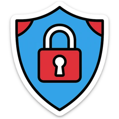IT security emblem icon featuring a shield with a suspended padlock, vibrant energetic blue #02aff4 as the primary color, deep bold red #ee1b24 accents for alertness and robustness, clean white background, highly legible, detailed, icon style sticker
