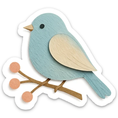 pastel bird perched on a branch with berries, soft blue and cream tones, paper craft style sticker