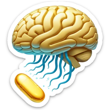 Glowing golden omega pill floating in ethereal blue waves, connected to a luminous brain by streams of light. The brain pulses with enhanced neural activity, with the entire scene having a mystical, flowing quality and soft radiance. sticker