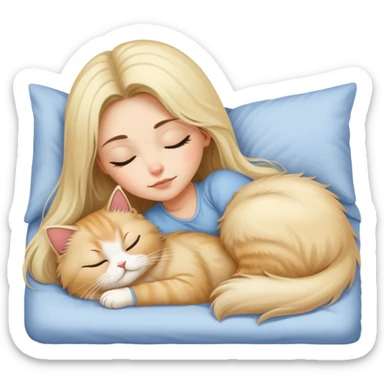pretty girl with dark long hair sleeping with blonde fluffy  persian cat in bed sticker
