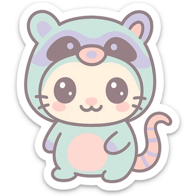 cute cartoon possum dressed up like a raccoon, kawaii style sticker
