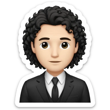 Cockasian guy with black long curly hair thats on his face and black eyes wearing a White simple suit guy  sticker