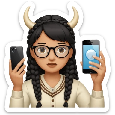 He has braid bangs on one side of his black hair, and he's wearing horn-rimmed glasses and taking a mirror selfie with his iPhone white color sticker