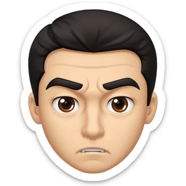 emoji de un joven, con cejas gruesas que parece enojado, nariz medio grande, hombros anchos, sin sonrisa, hombros anchos, cabello medio ondulado con un corte juvenil, cabello negro. ojos negros. sticker