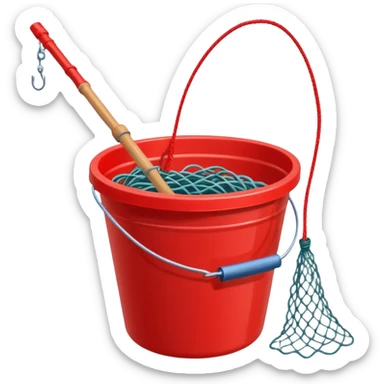 A small red bucket with a fishing net leaning against it.
 sticker