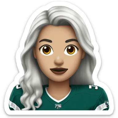 White female long dark hair red lips wearing Philadelphia Eagles jersey sticker