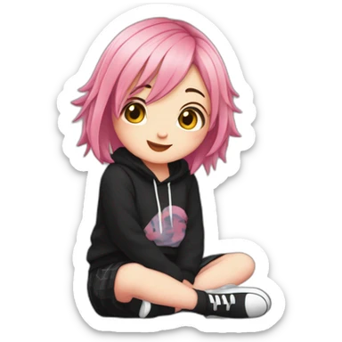 Full body Front view curvy emo girl pink hair sits on the floor straight view hands up black skirt белые трусики рваные полосатые чулки sticker