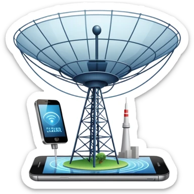 An icon featuring a satellite dish, a cell tower emitting signals, and a smartphone displaying a chat interface. The design includes fiber-optic cables and data waves, symbolizing global communication, connectivity, and information exchange. Transparent background. sticker