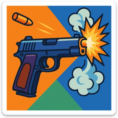 a realistic handgun firing a bullet, with muzzle flash and smoke coming out of the barrel, vibrant toon style sticker
