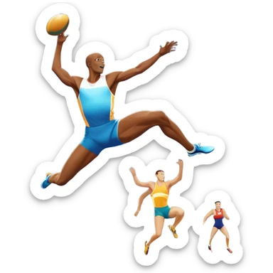 An icon showcasing  a sprinter in full speed, a high jumper soaring over the bar, a long jumper taking off, and a discus thrower in motion. The background features a vibrant stadium with cheering crowds, bright lights, and a clear sky.  sticker