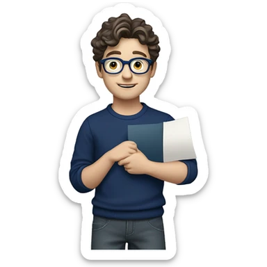 caucasian white boy with dark wavy  hair, blue glasses, and carrying design paper plan because he is an architect carrying a pencil and a set model maquette. wearing a navy blue long sleeve sweater shirt. smart.  sticker