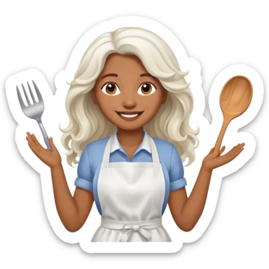 woman, brown skin, white long wavy hair, with apron sticker