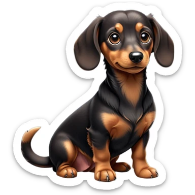 cinematic-[dachshund dog]-realistic-full-body-sitting-emoji,-tail-resting-loosely-beside-its-paws,-head-tilted-dramatically,-sleek-[black and tan]-fur,-simplified-yet-realistic-focused-features,-highly-detailed,-glowing-with-an-almost-sarcastic-glow sticker
