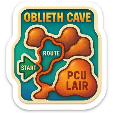 a hand drawn map of how to navigate the Oblieth cave system to find the PCU Lair sticker