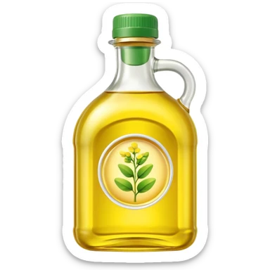 realistic canola oil bottle transparent with pale yellow oil, simple curved or rectangular shape, green or neutral cap, no branding, light clear smooth oil with soft golden glow, no label, clean 3D style, soft lighting, emoji scale sticker
