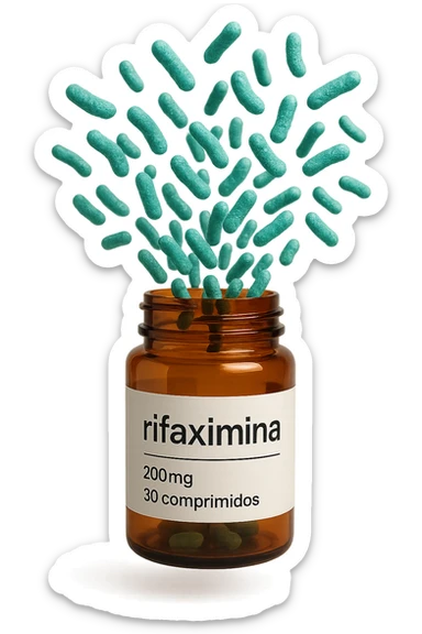 barattolo di medicinale con la scritta "rifaximina" sull'etichetta fluttua in aria, da dentro al barattolo escono batteri intestinali turchesi, iperrealistico 4k sticker